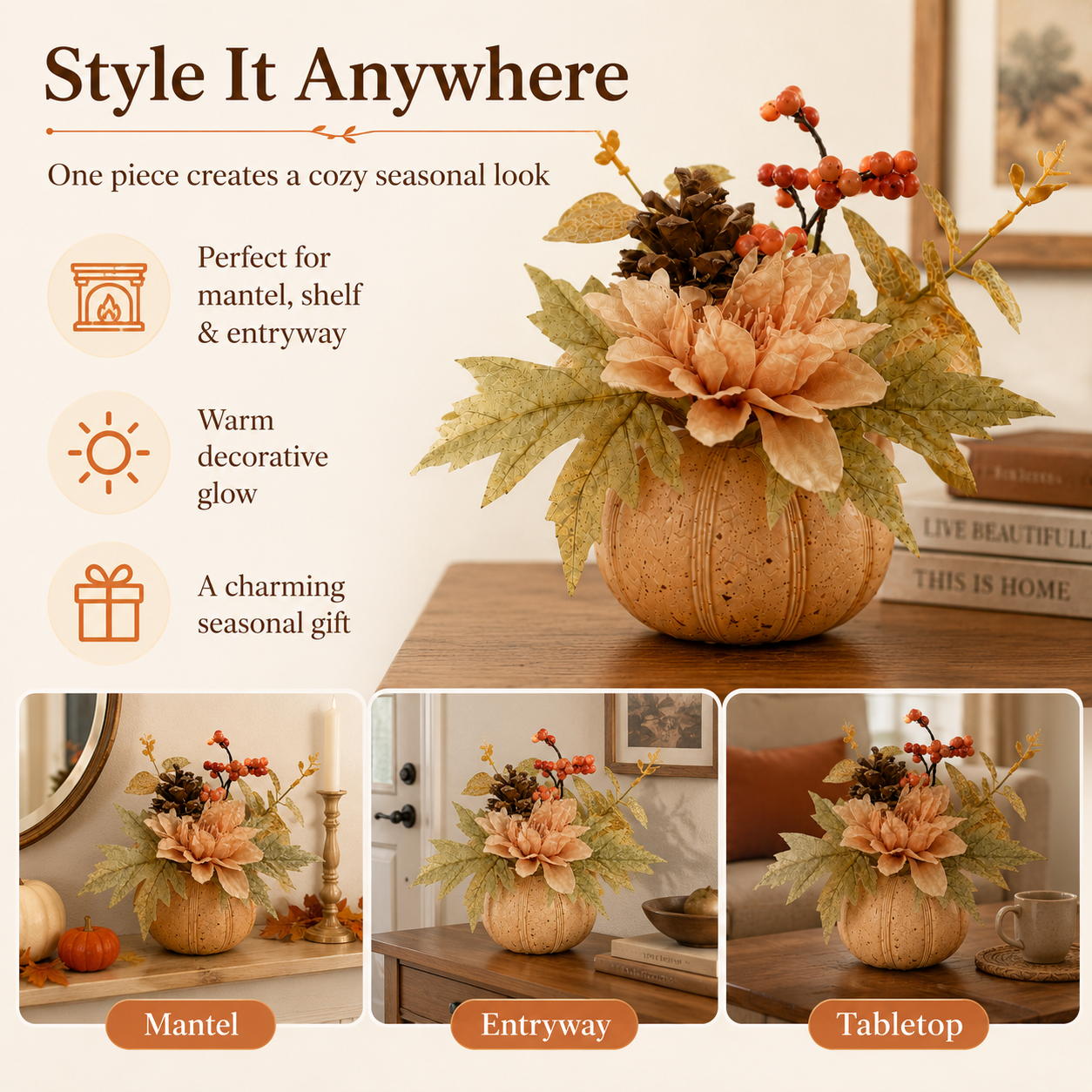 Lighted Resin Fall Pumpkin Floral Decor with Remote Control