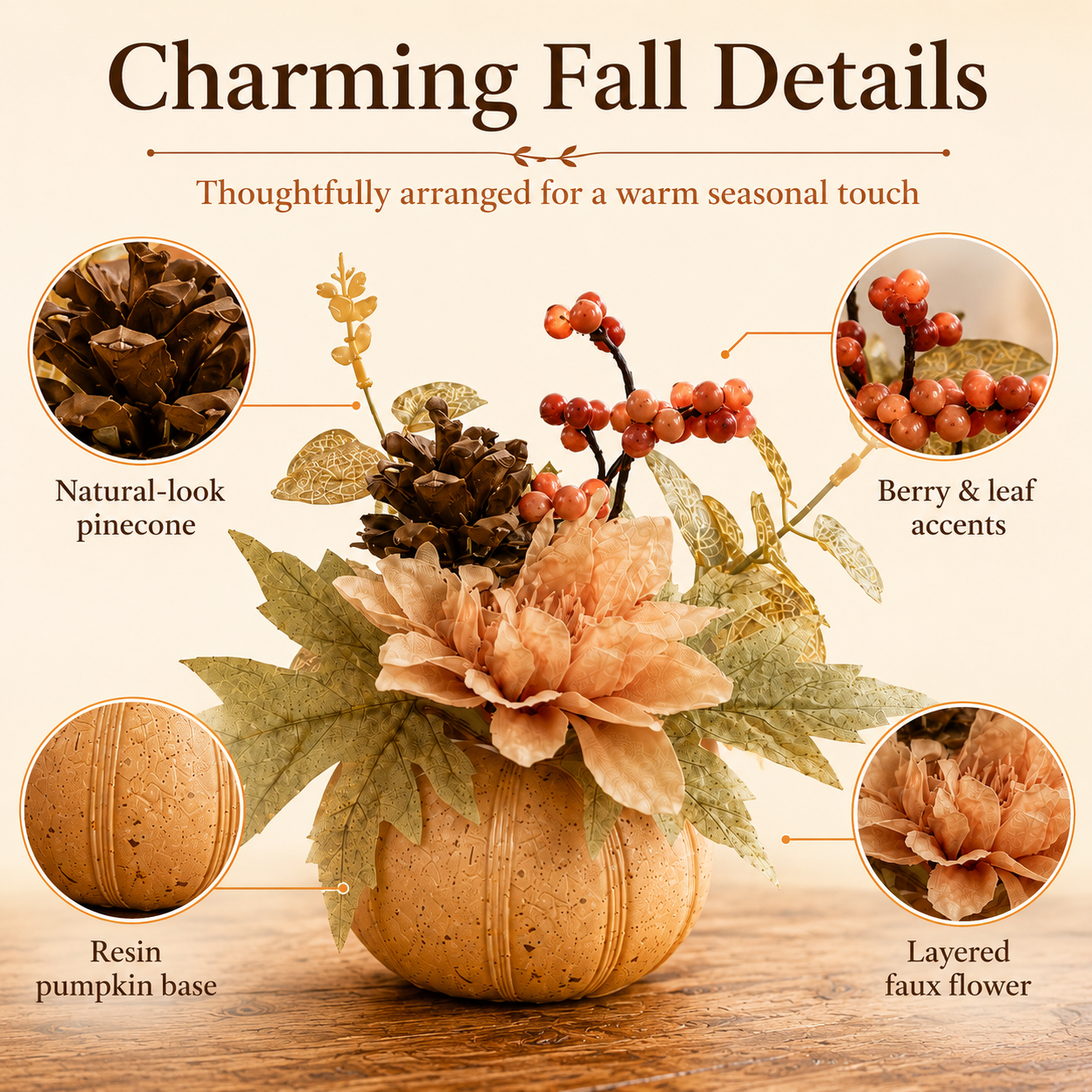 Lighted Resin Fall Pumpkin Floral Decor with Remote Control