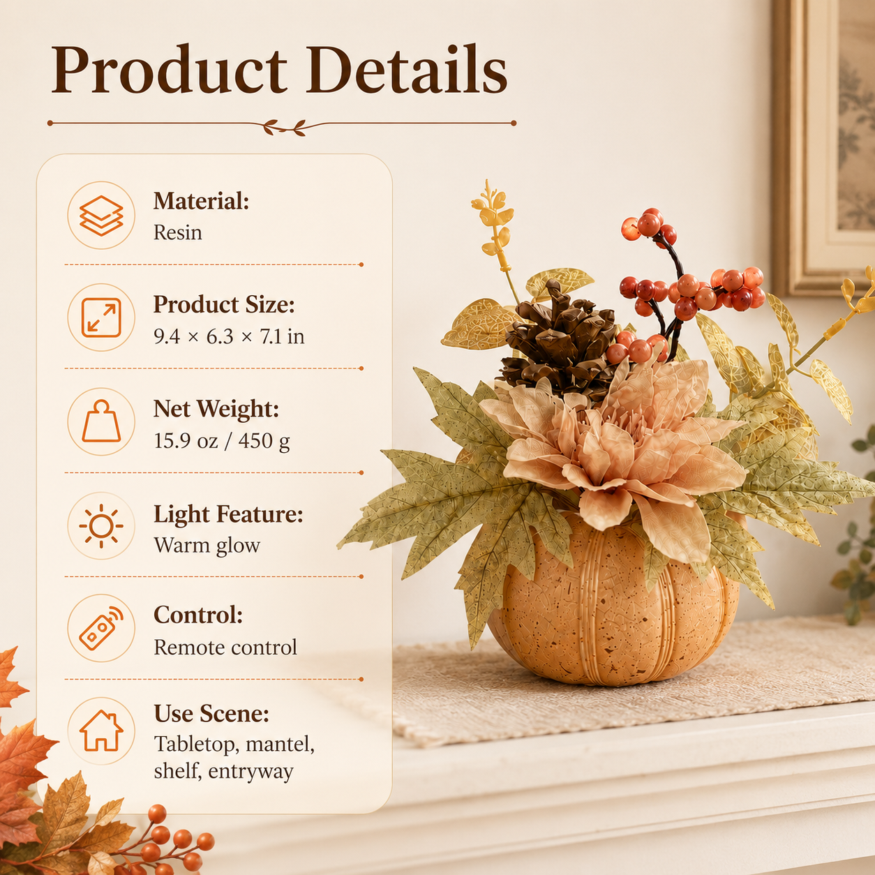 Lighted Resin Fall Pumpkin Floral Decor with Remote Control