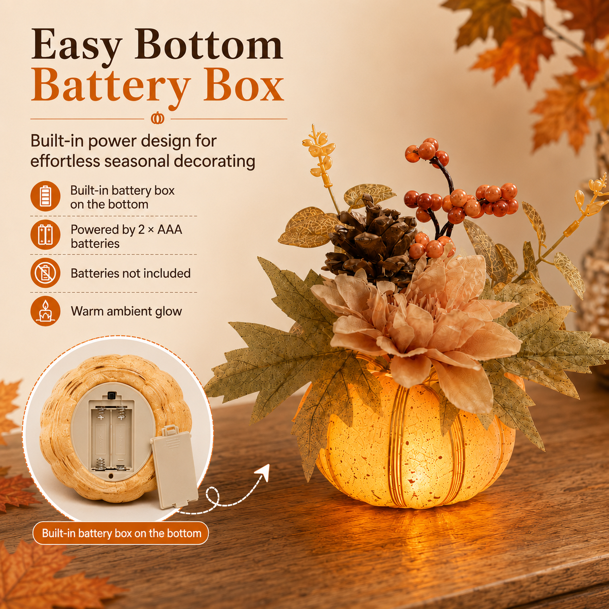 Lighted Resin Fall Pumpkin Floral Decor with Remote Control