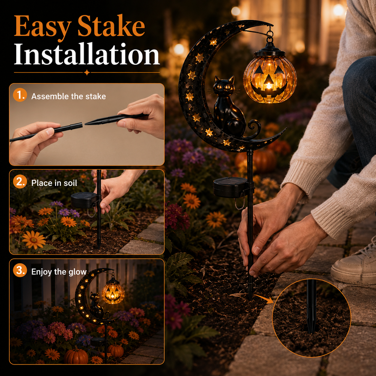 Solar Halloween Garden Stake Light with Cat and Pumpkin Lantern