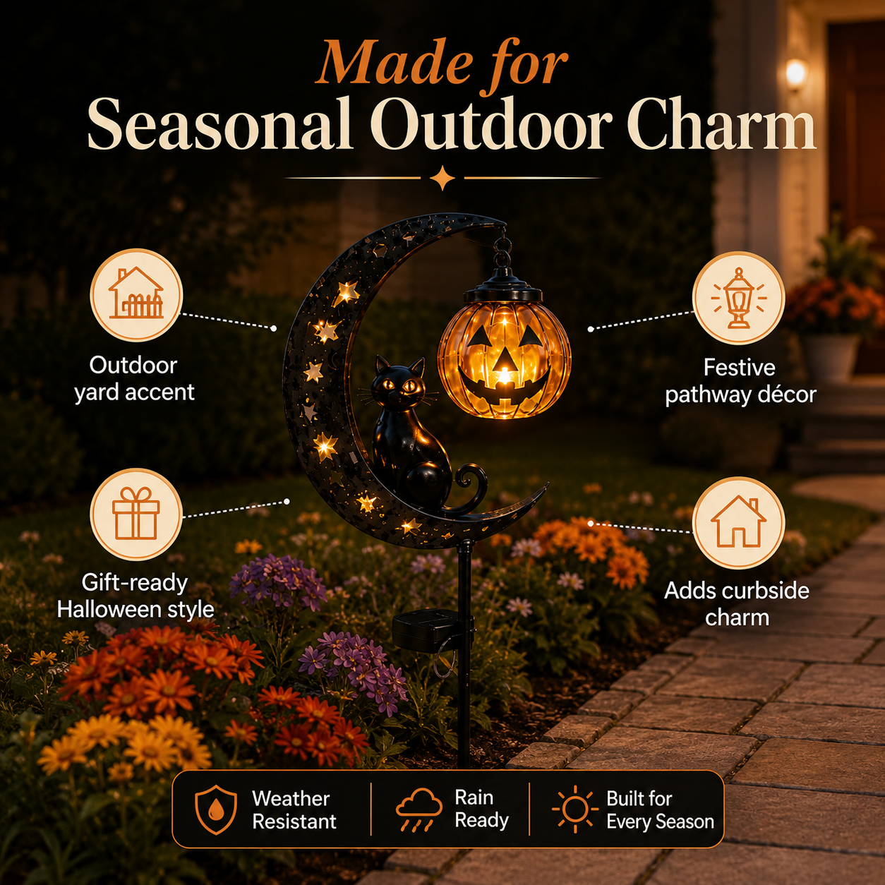 Solar Halloween Garden Stake Light with Cat and Pumpkin Lantern