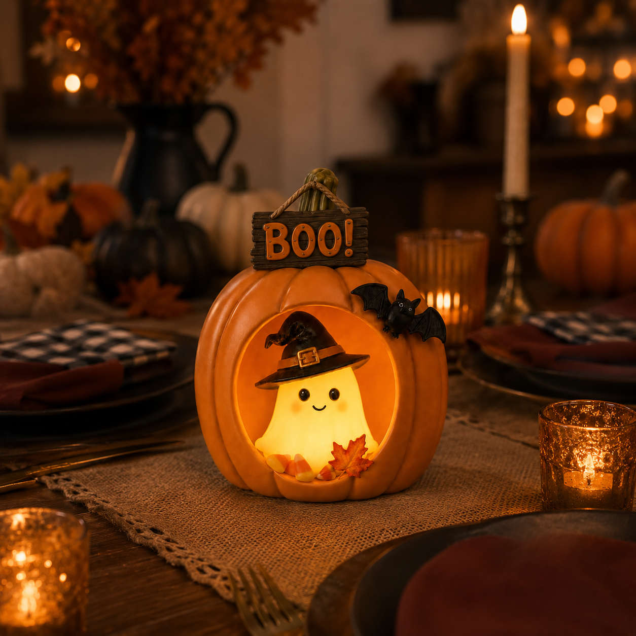 Lighted Pumpkin Ghost Halloween Table Decor