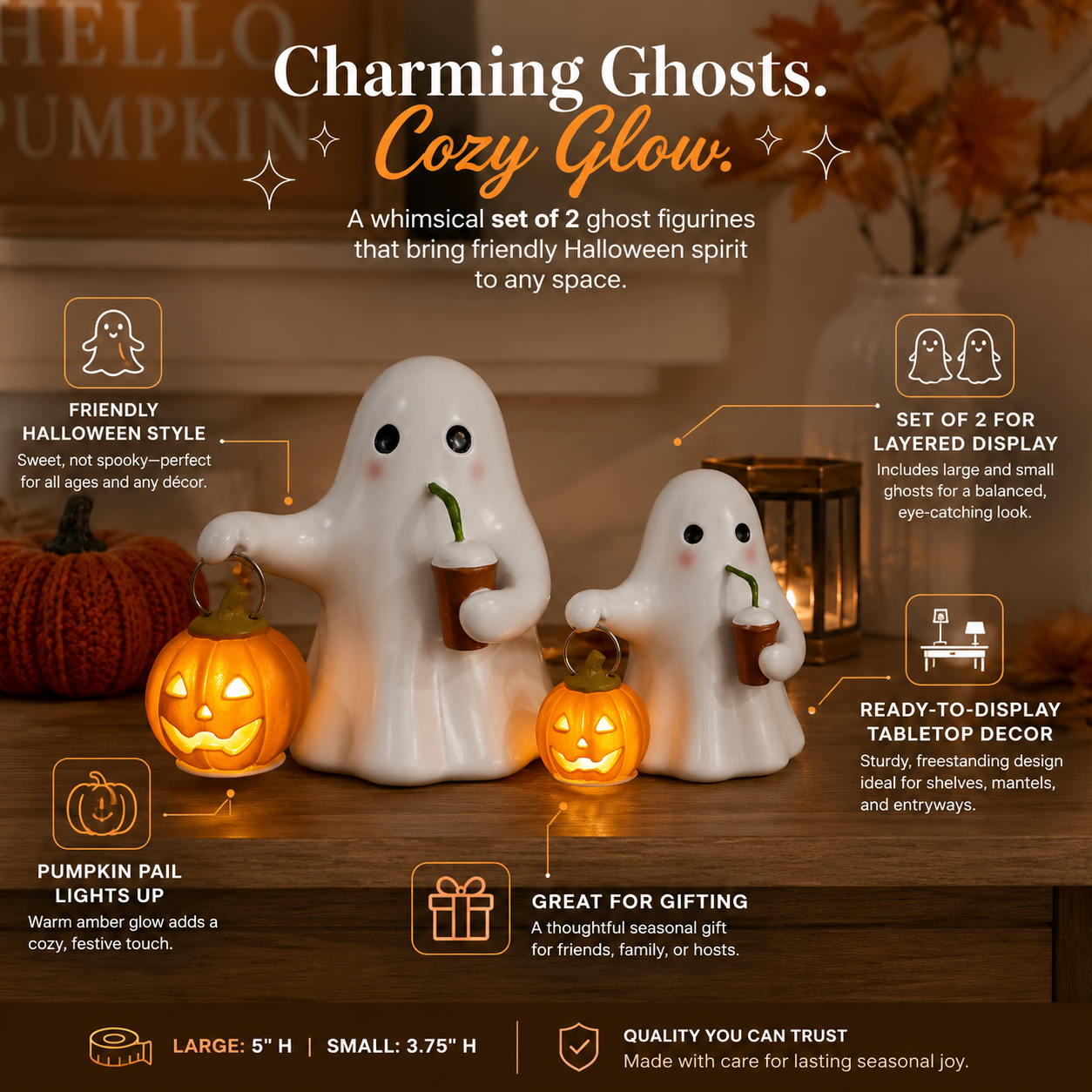 Halloween Ghost Pumpkin Figurine Set of 2