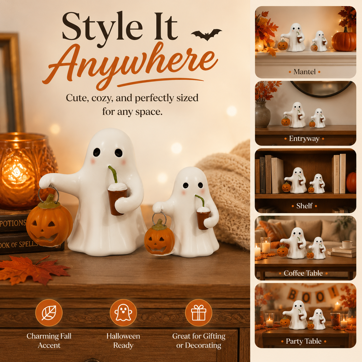 Halloween Ghost Pumpkin Figurine Set of 2