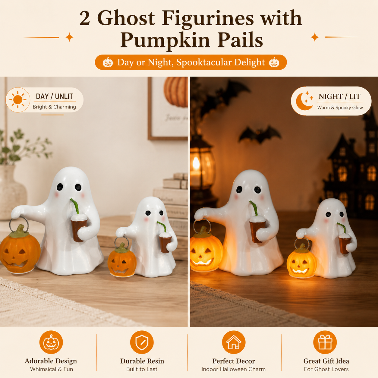 Halloween Ghost Pumpkin Figurine Set of 2