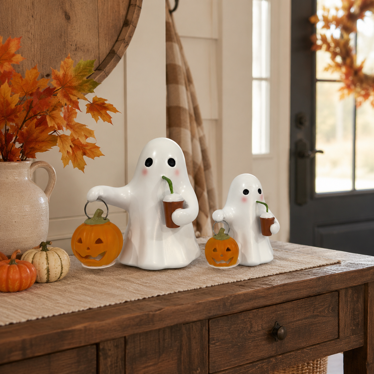 Halloween Ghost Pumpkin Figurine Set of 2