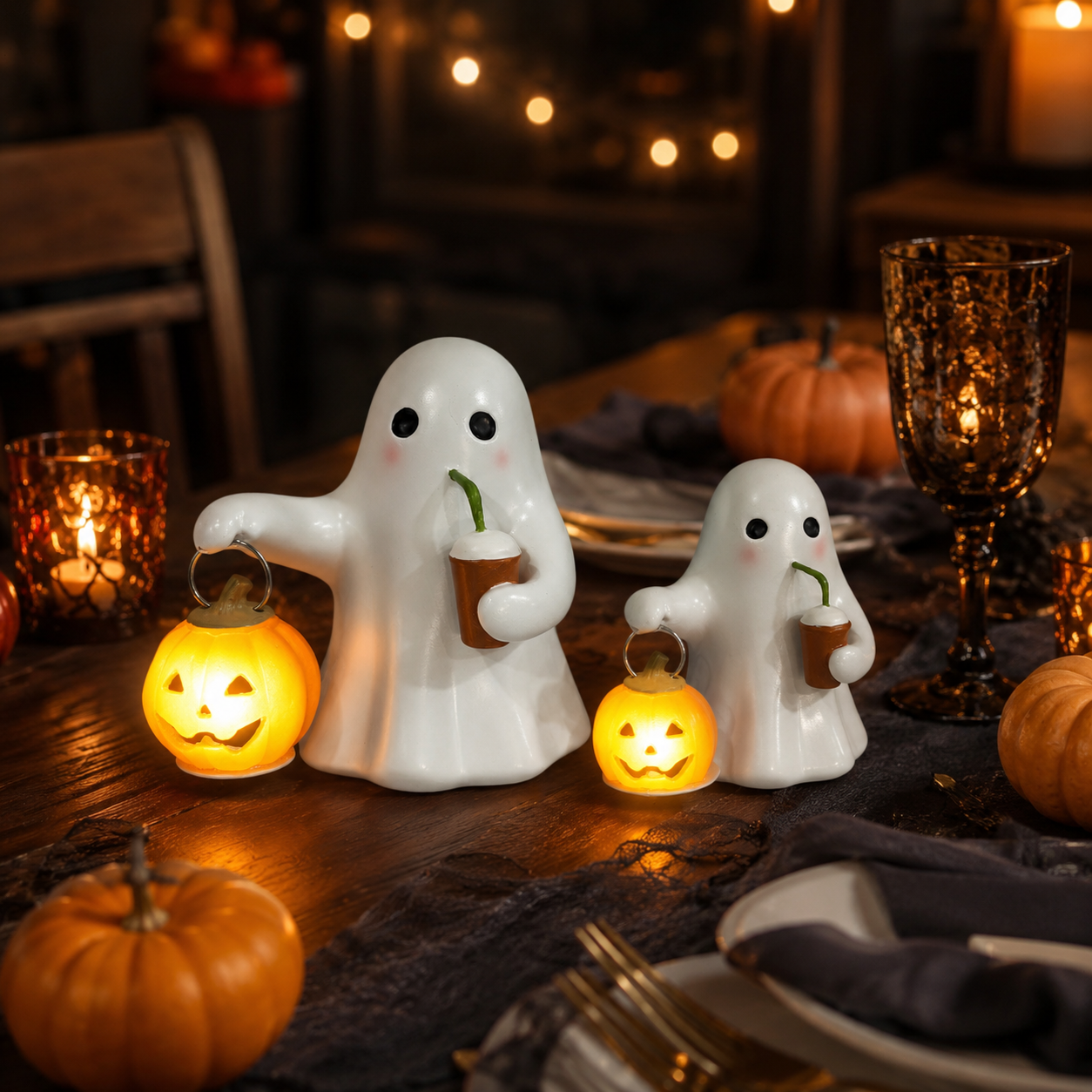 Halloween Ghost Pumpkin Figurine Set of 2