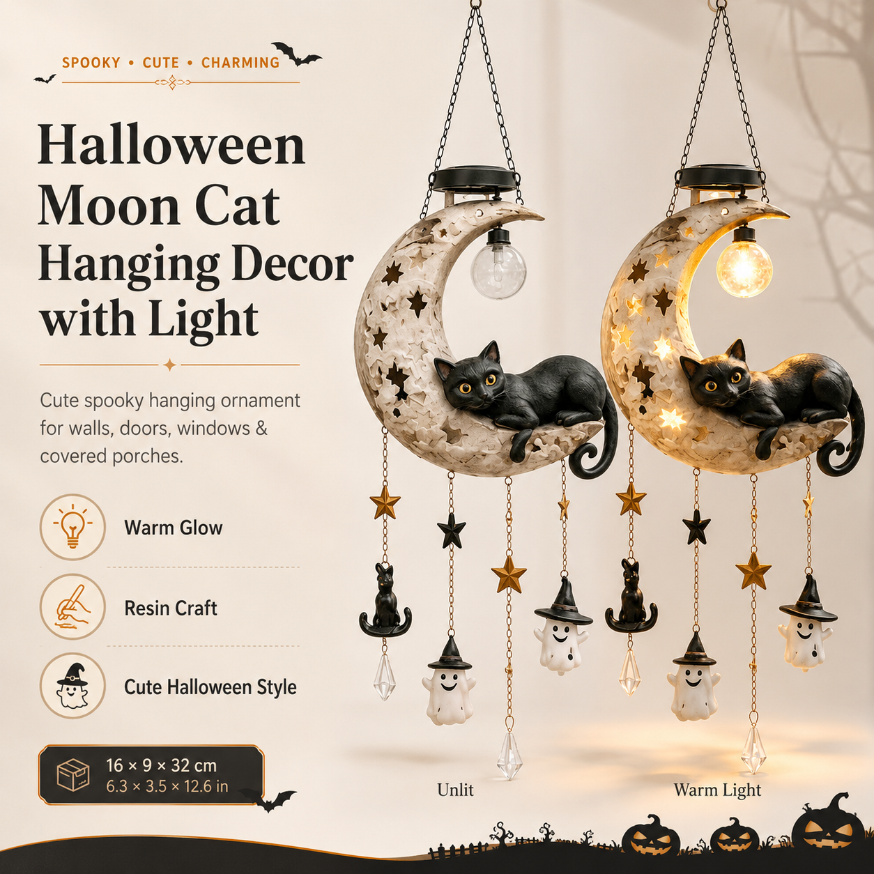Halloween Moon Cat Hanging Decor with Light