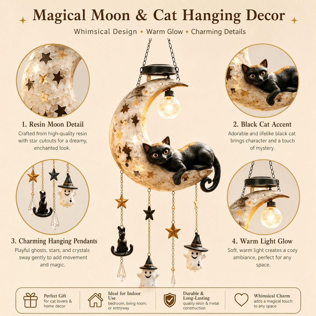Halloween Moon Cat Hanging Decor with Light