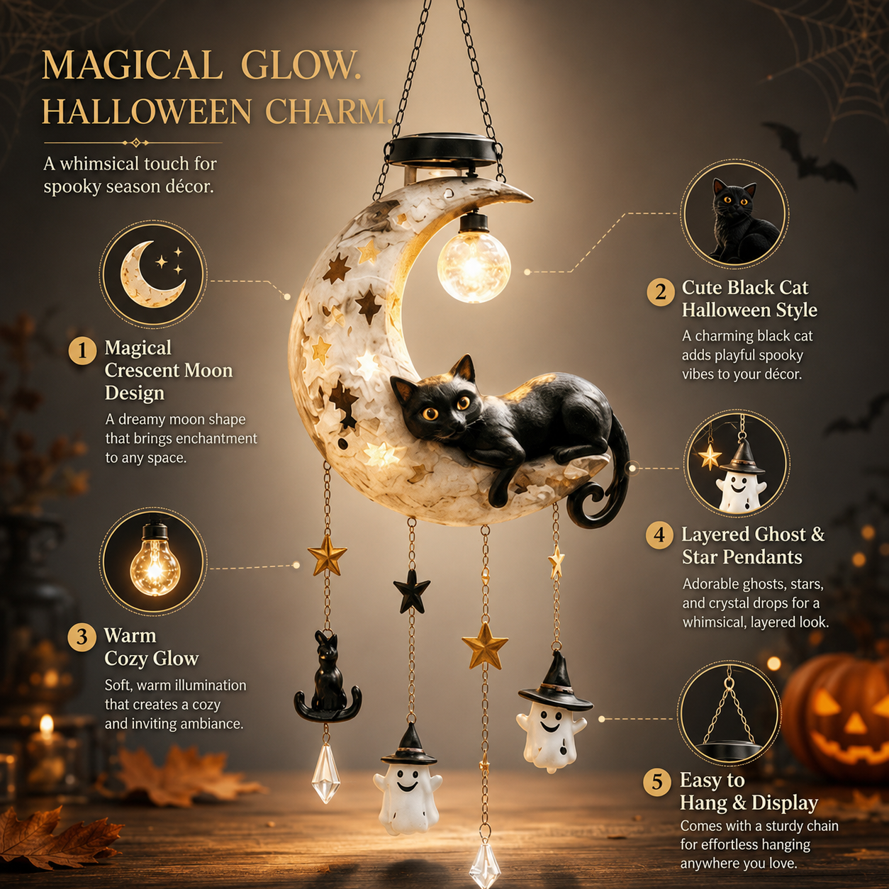Halloween Moon Cat Hanging Decor with Light