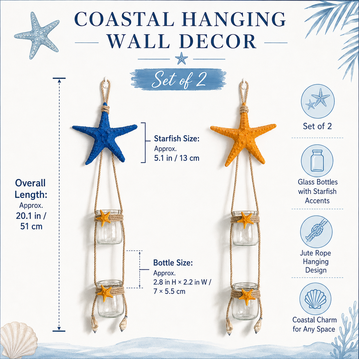 Starfish Hanging Glass Vase Decor Set of 2