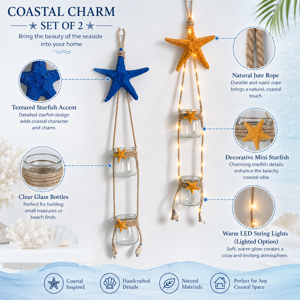 Starfish Hanging Glass Vase Decor Set of 2