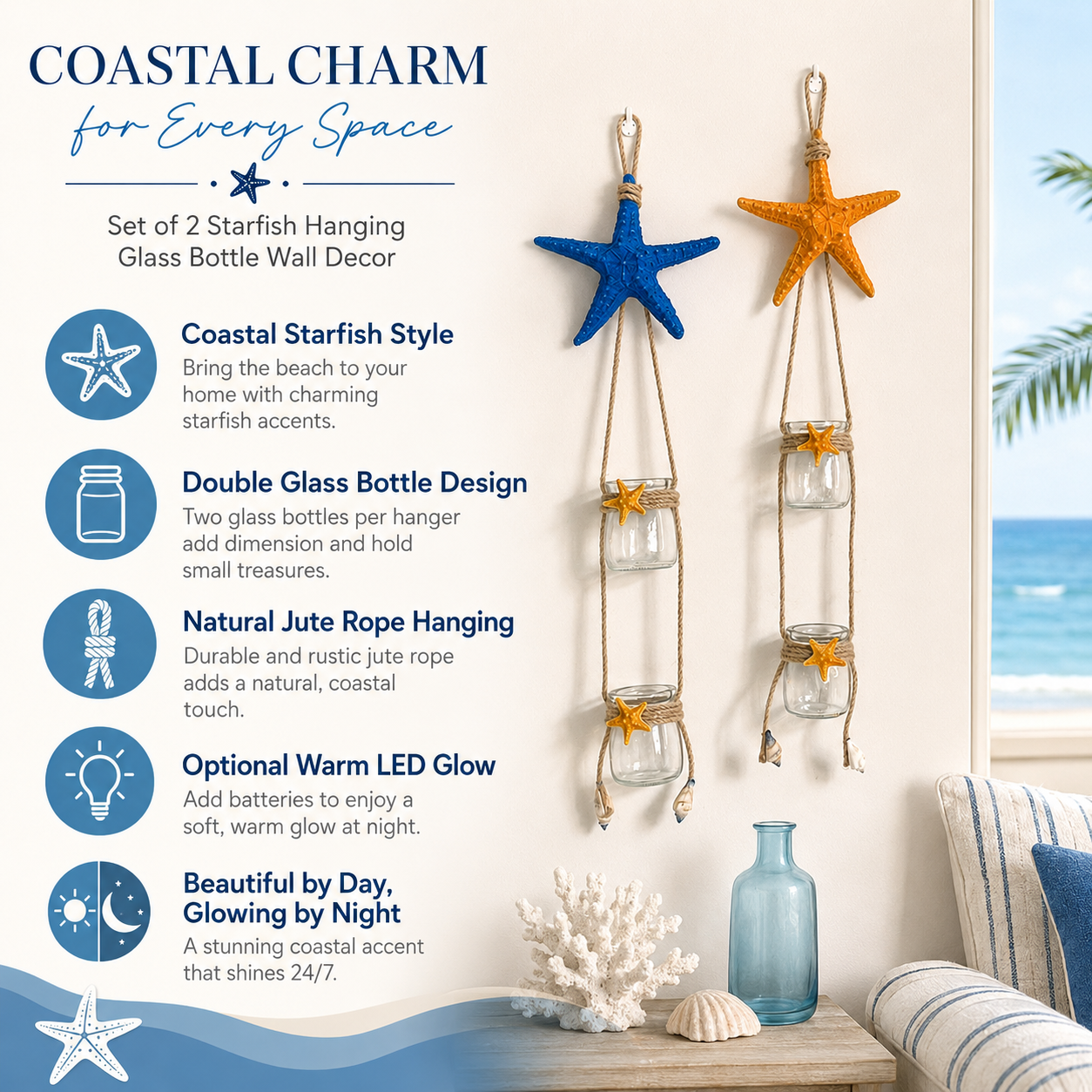Starfish Hanging Glass Vase Decor Set of 2