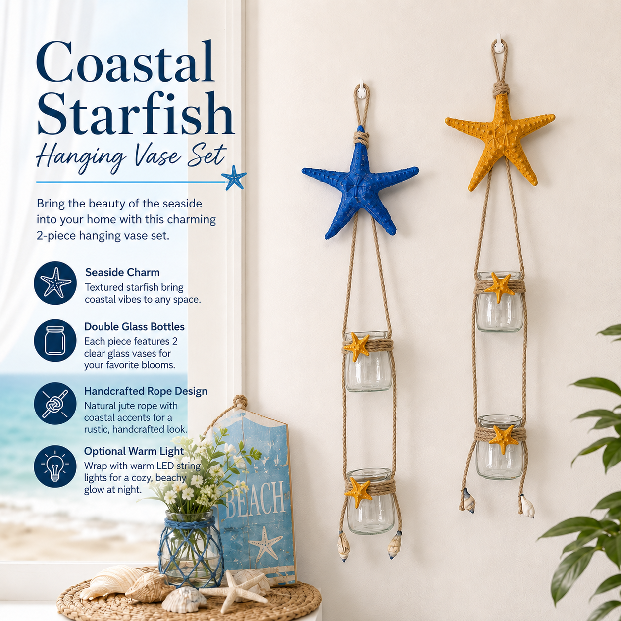 Starfish Hanging Glass Vase Decor Set of 2