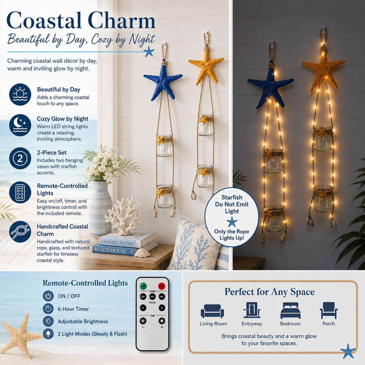 Starfish Hanging Glass Vase Decor Set of 2