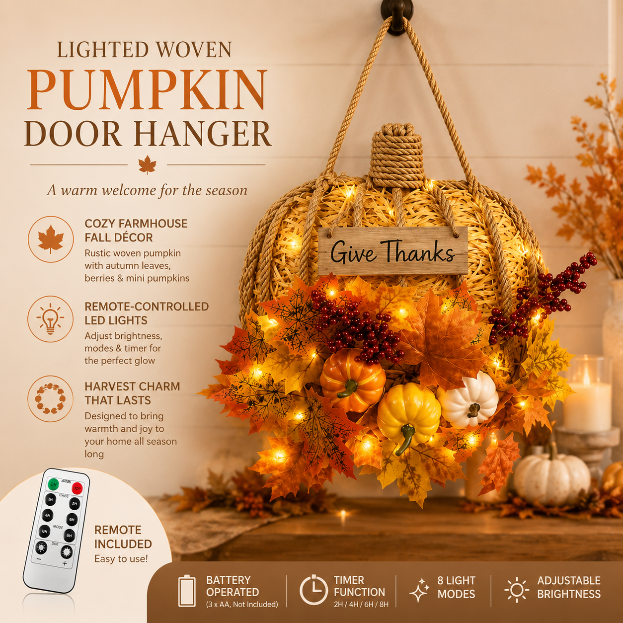 Lighted Woven Pumpkin Door Hanger