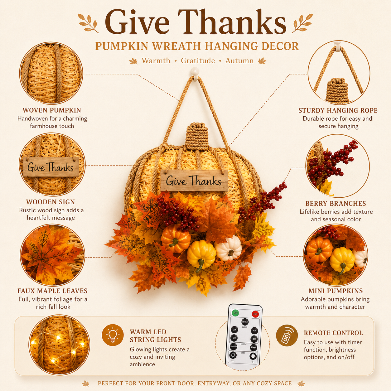 Lighted Woven Pumpkin Door Hanger