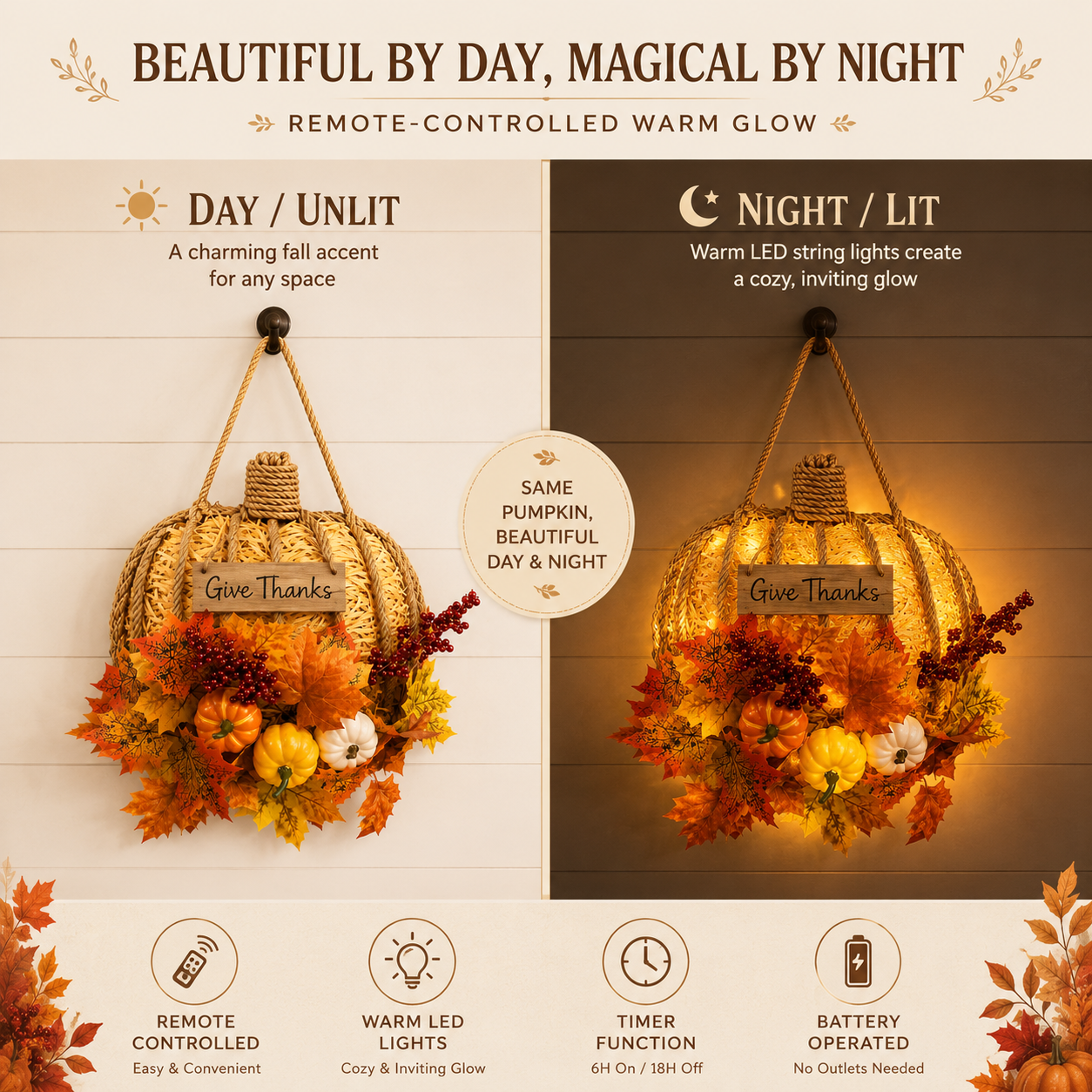 Lighted Woven Pumpkin Door Hanger