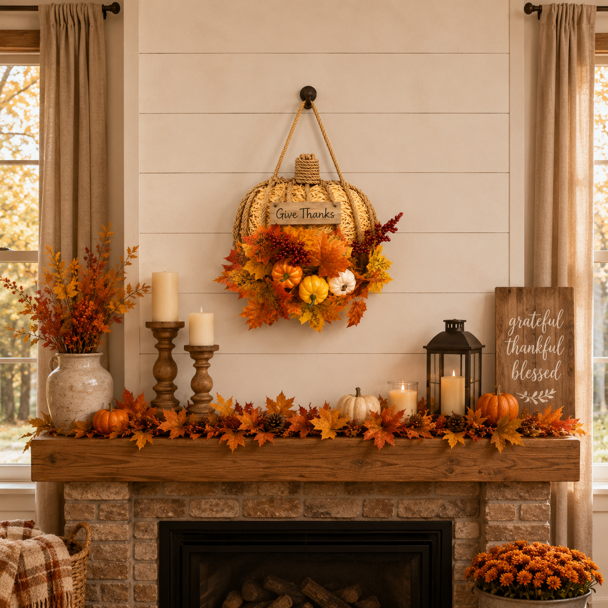 Lighted Woven Pumpkin Door Hanger