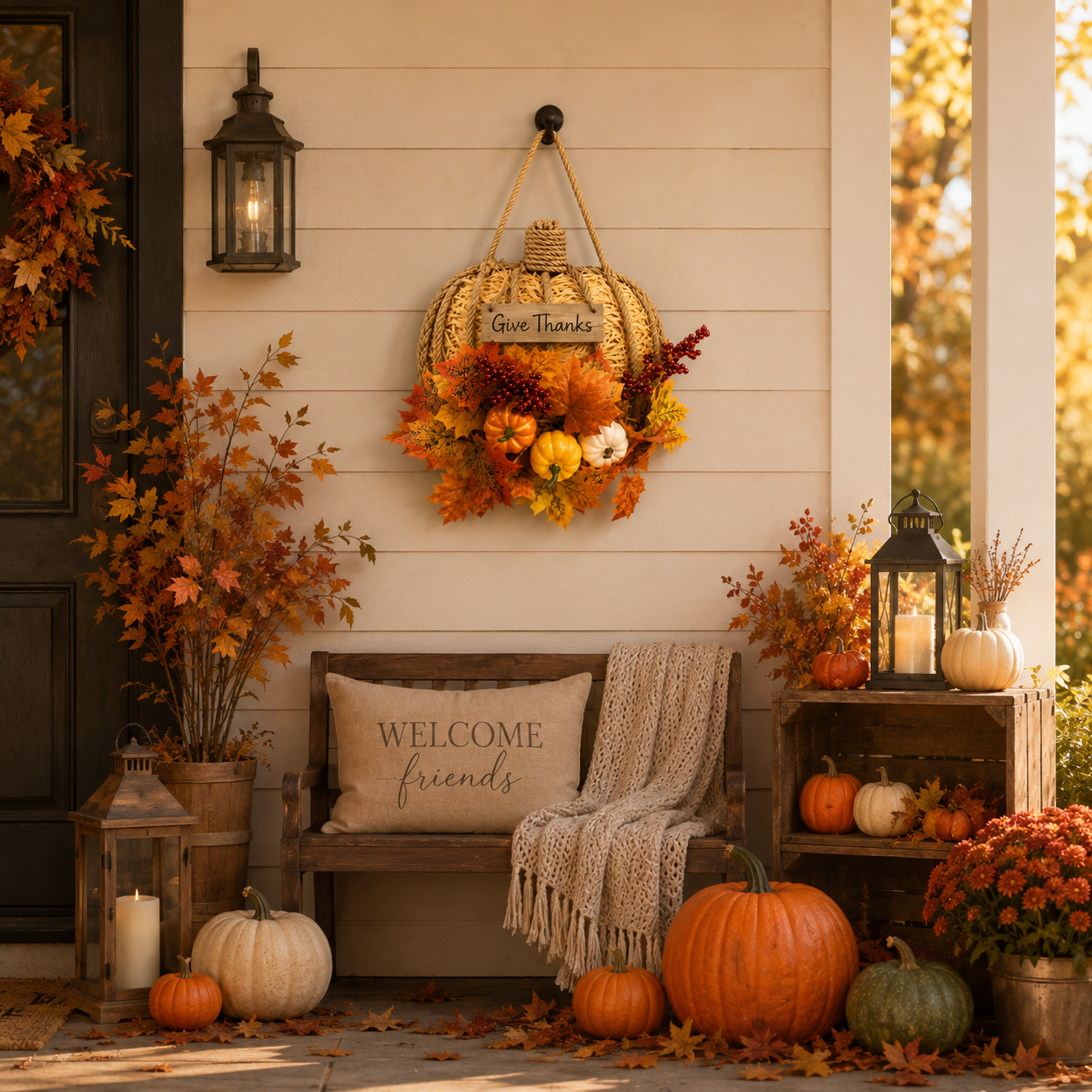 Lighted Woven Pumpkin Door Hanger