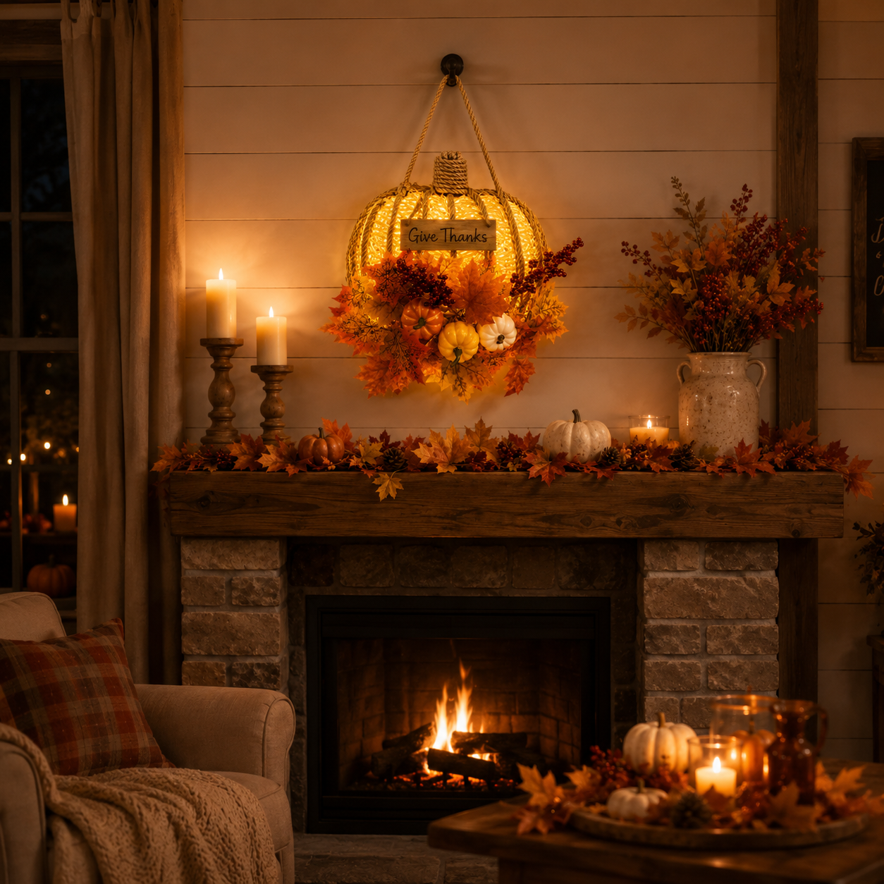 Lighted Woven Pumpkin Door Hanger