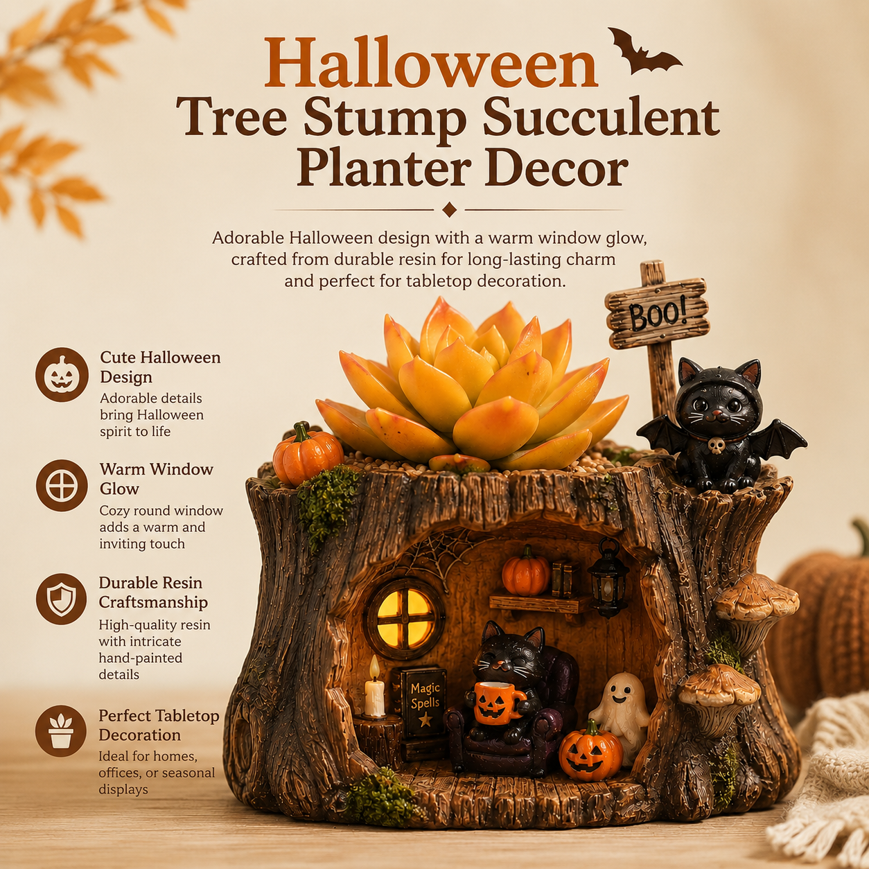 Lighted Halloween Black Cat Succulent Planter Decor