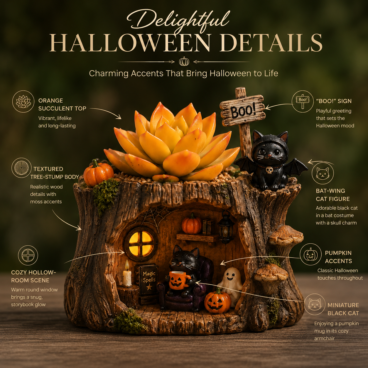 Lighted Halloween Black Cat Succulent Planter Decor
