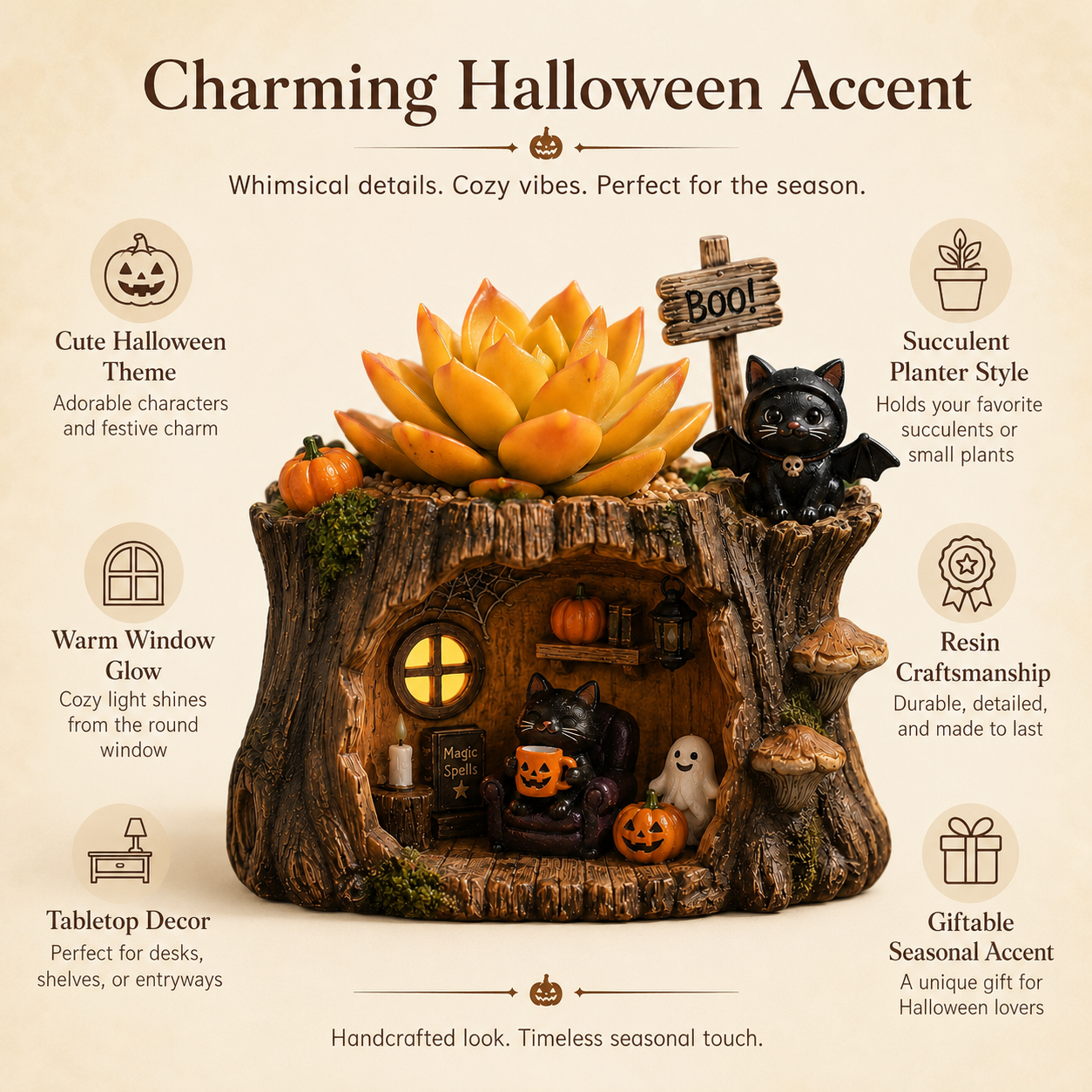 Lighted Halloween Black Cat Succulent Planter Decor