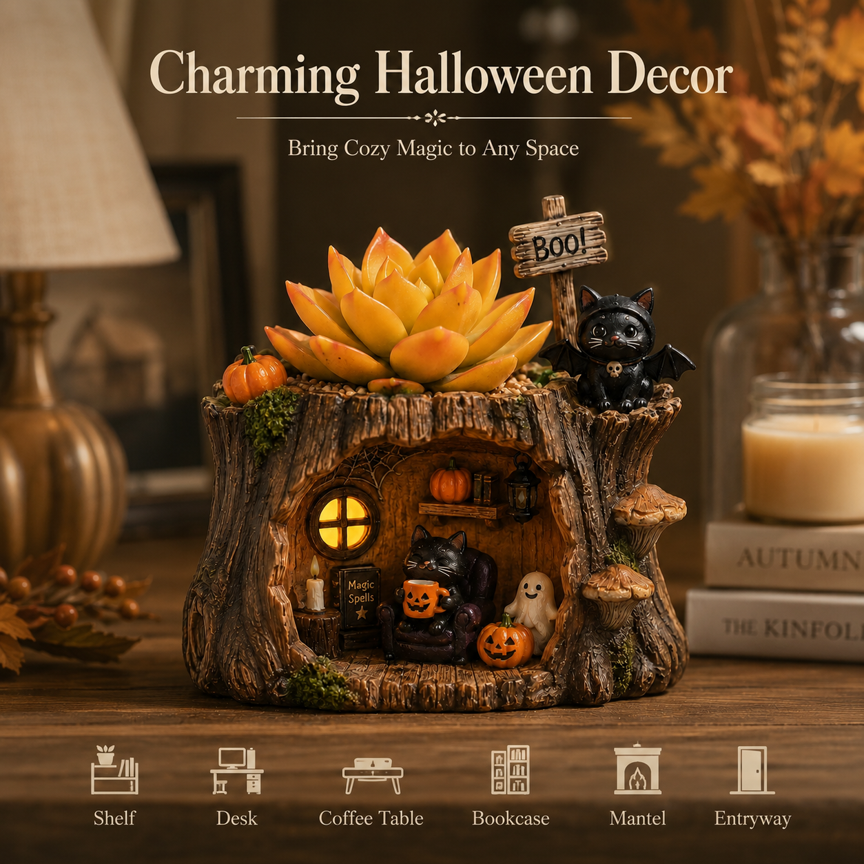 Lighted Halloween Black Cat Succulent Planter Decor