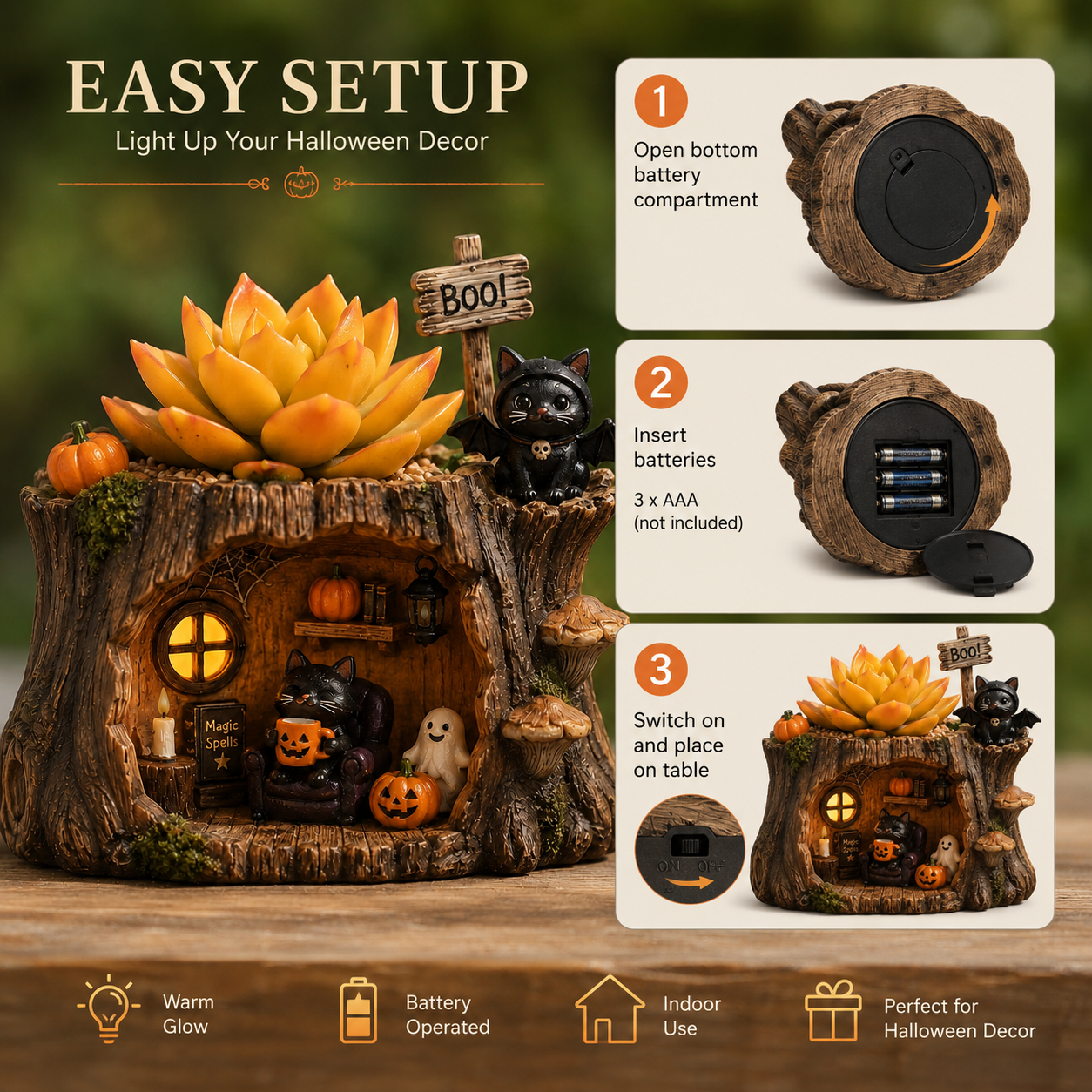 Lighted Halloween Black Cat Succulent Planter Decor