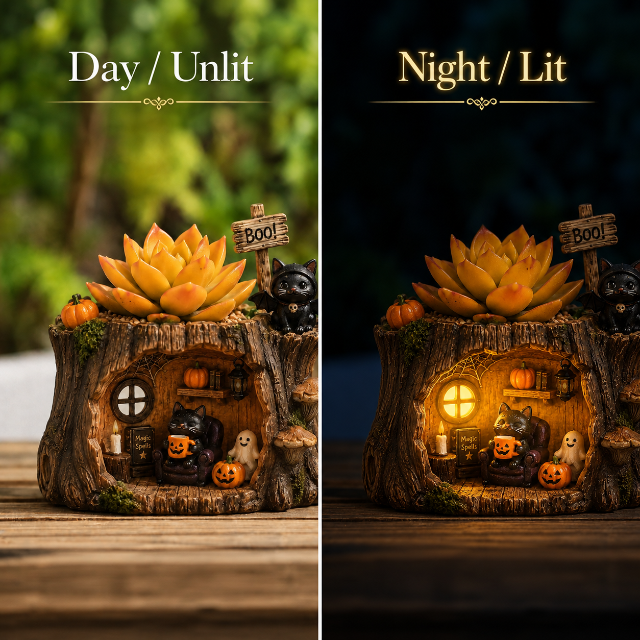 Lighted Halloween Black Cat Succulent Planter Decor
