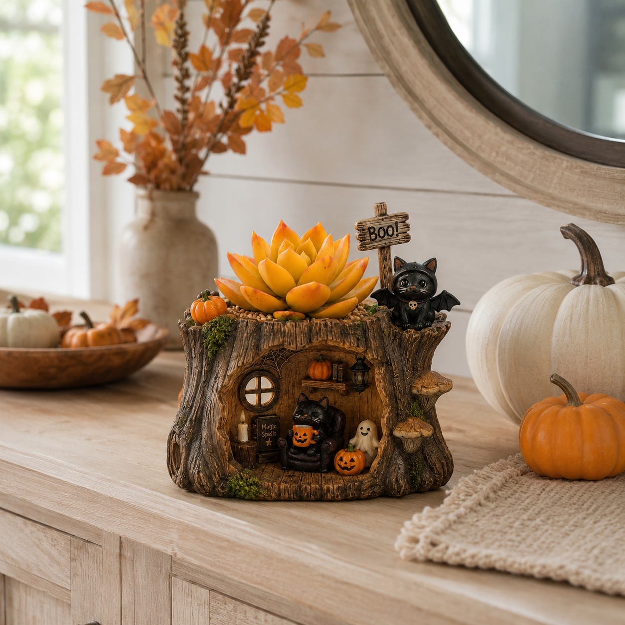 Lighted Halloween Black Cat Succulent Planter Decor