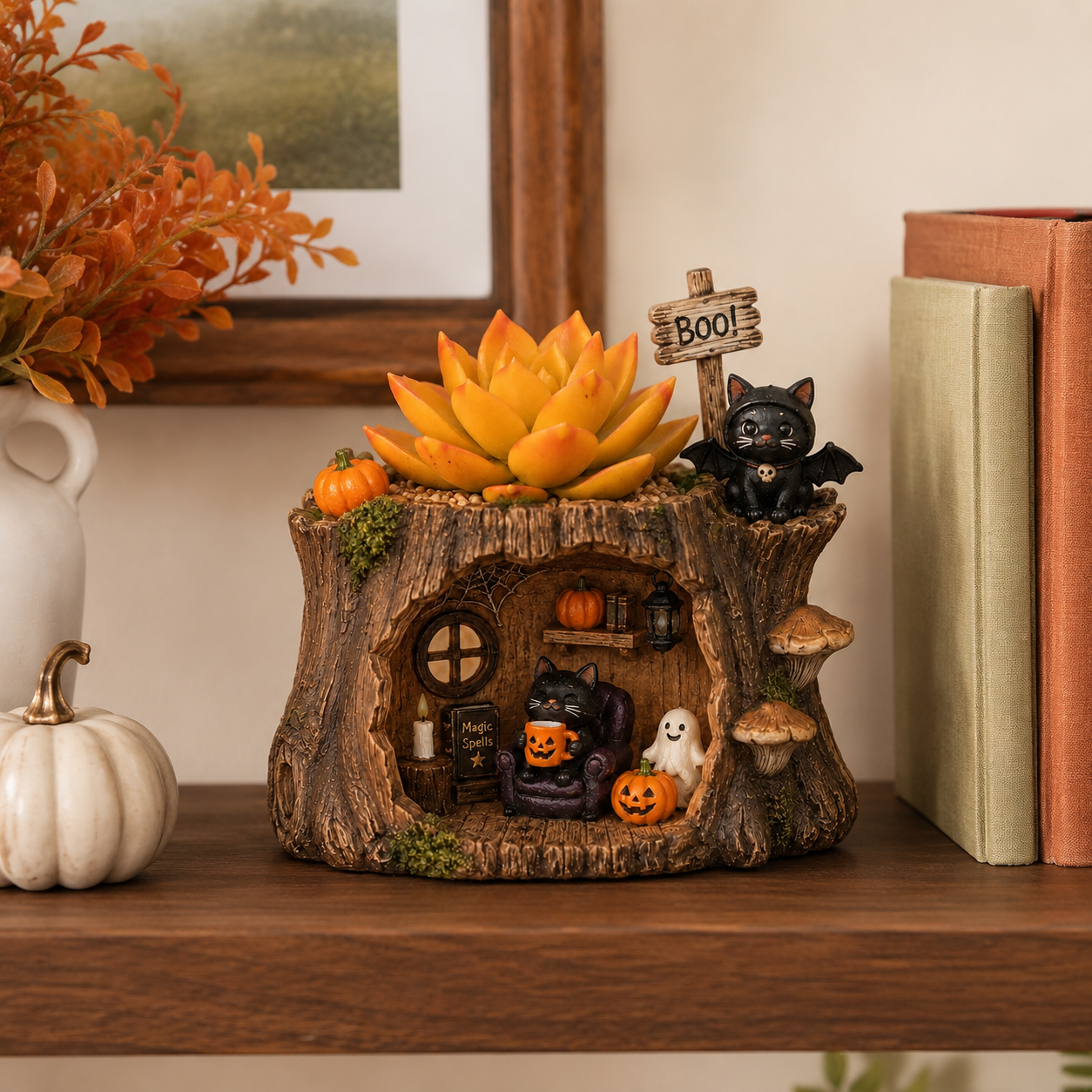 Lighted Halloween Black Cat Succulent Planter Decor