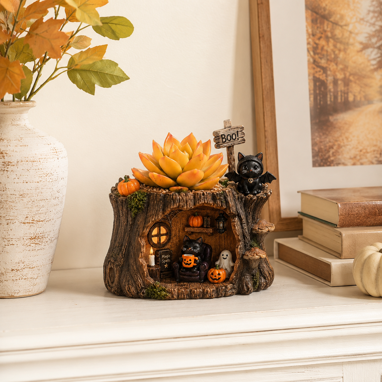 Lighted Halloween Black Cat Succulent Planter Decor