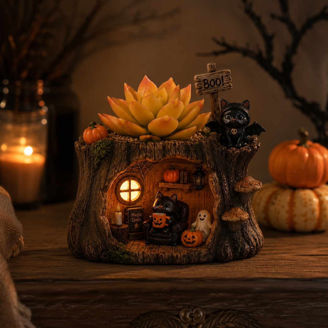 Lighted Halloween Black Cat Succulent Planter Decor