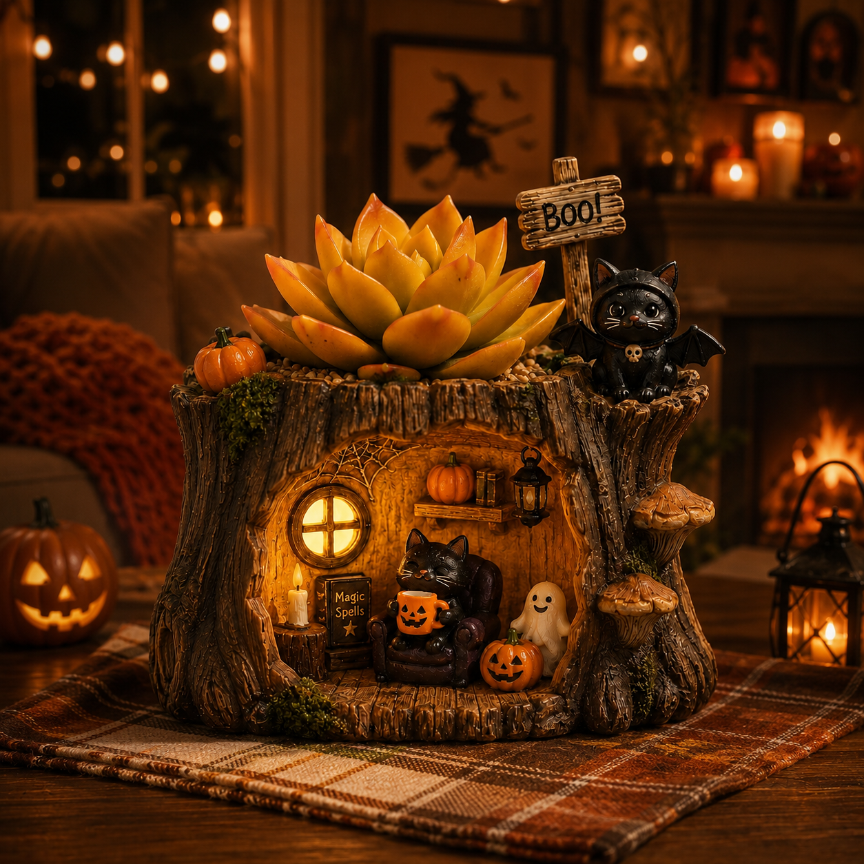 Lighted Halloween Black Cat Succulent Planter Decor