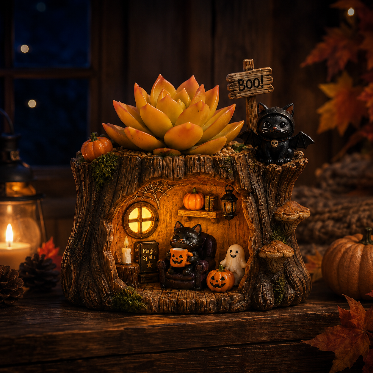 Lighted Halloween Black Cat Succulent Planter Decor
