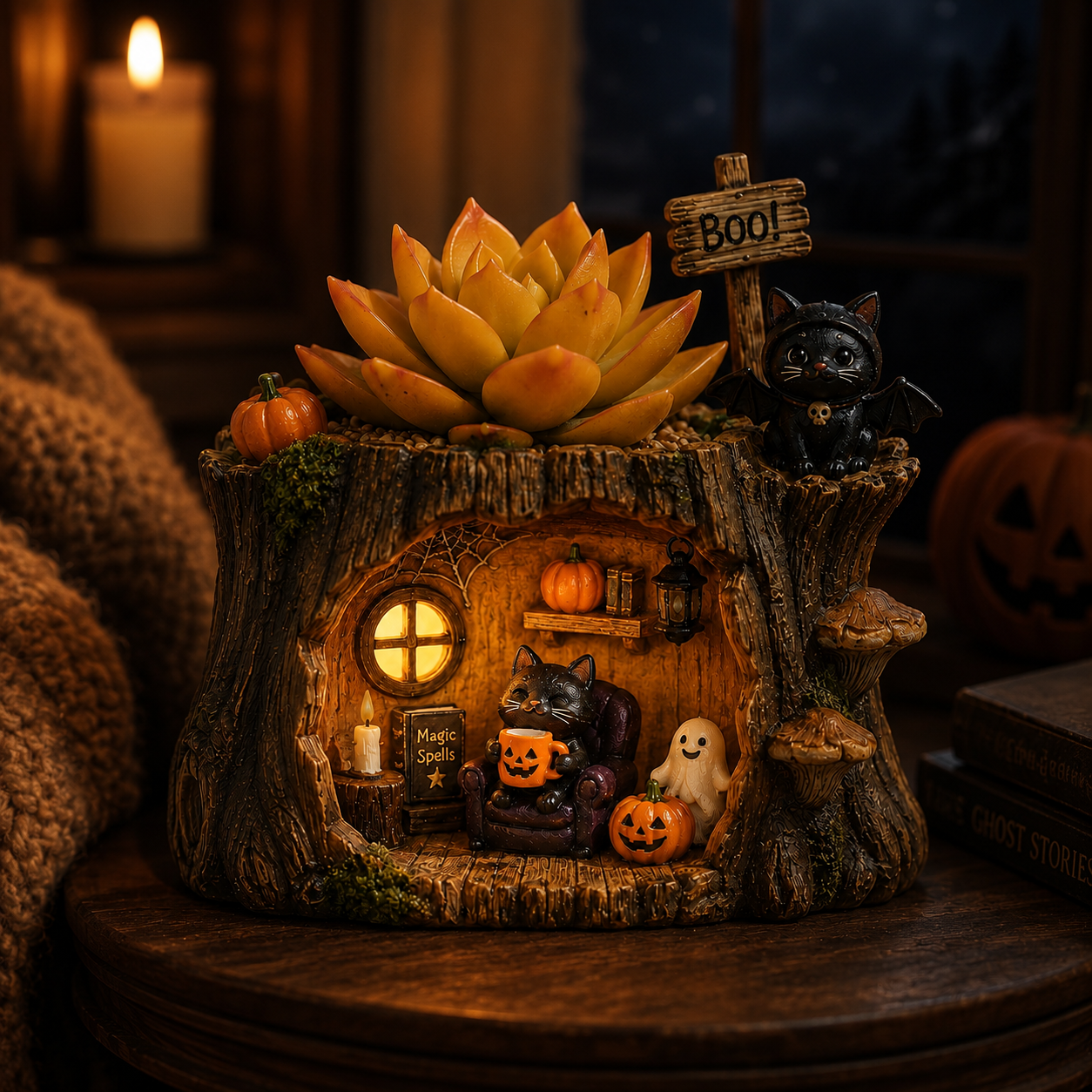 Lighted Halloween Black Cat Succulent Planter Decor