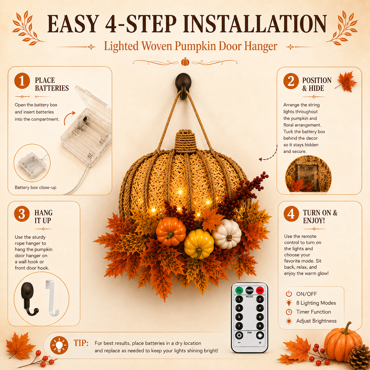 Lighted Woven Pumpkin Door Hanger
