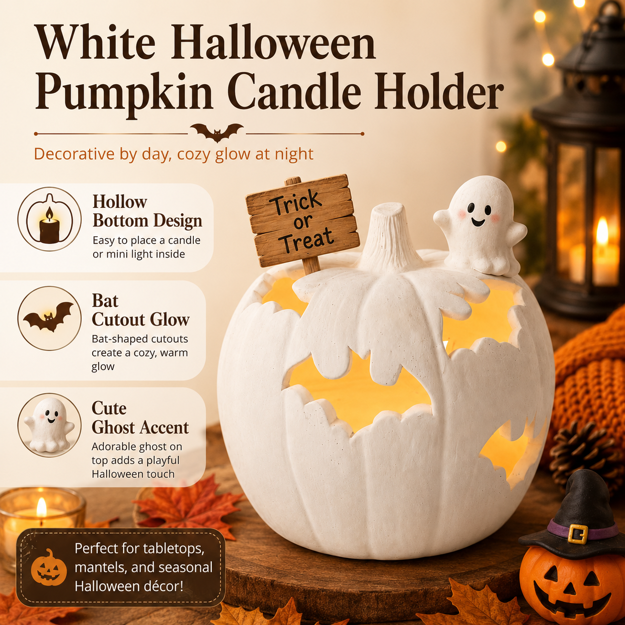 White Halloween Pumpkin Candle Holder