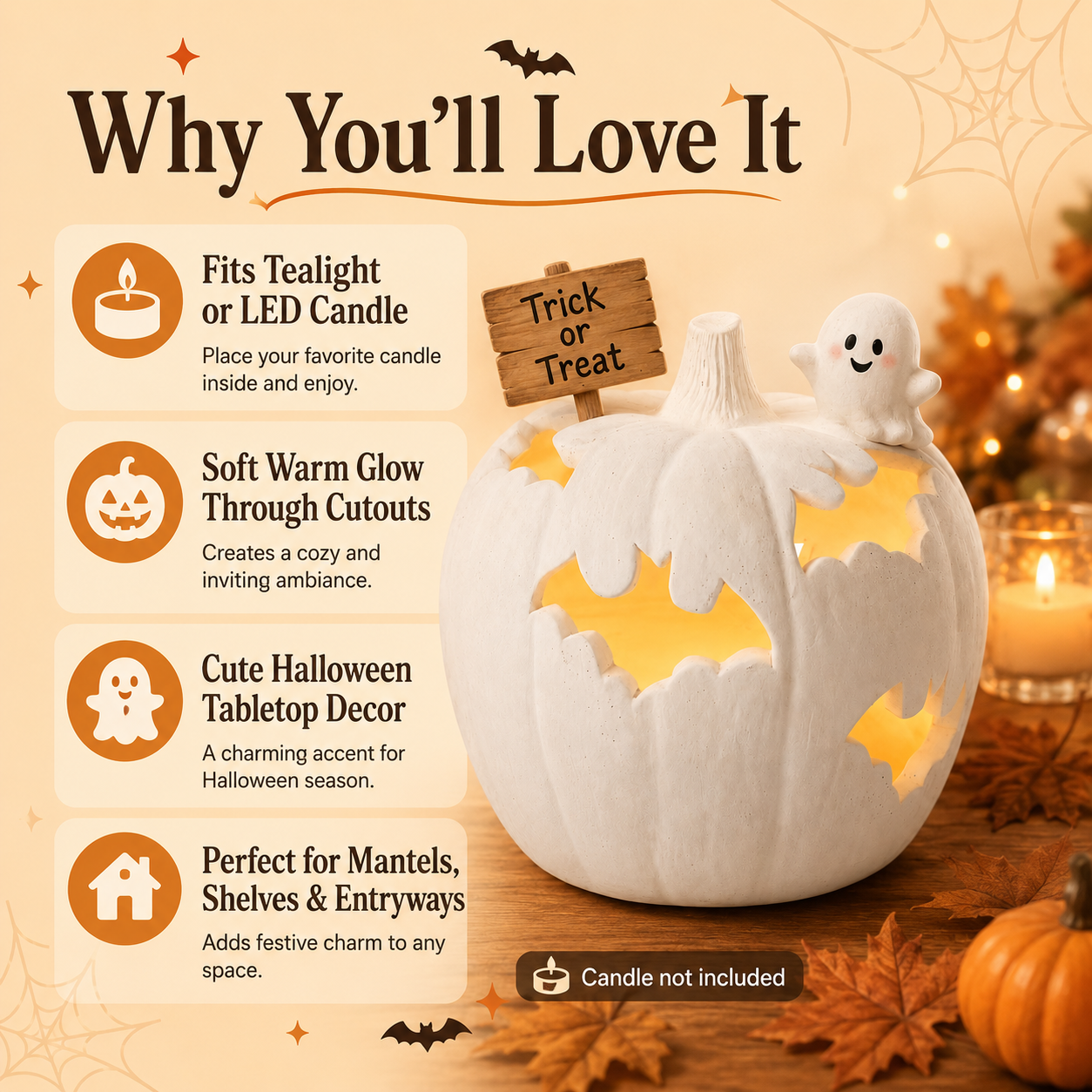 White Halloween Pumpkin Candle Holder