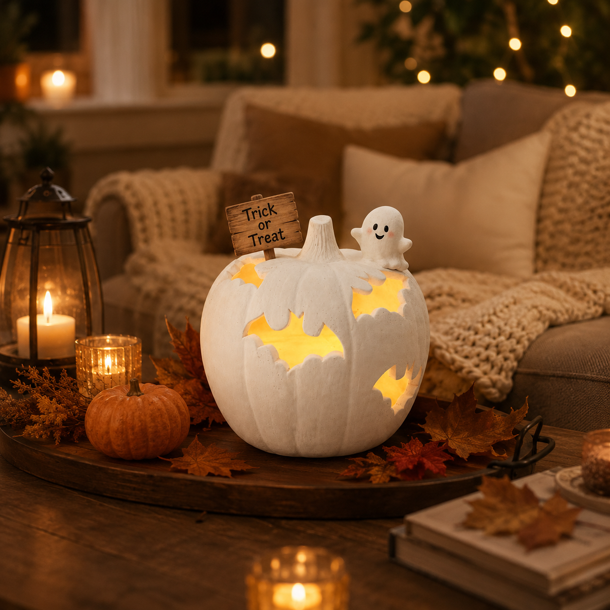 White Halloween Pumpkin Candle Holder