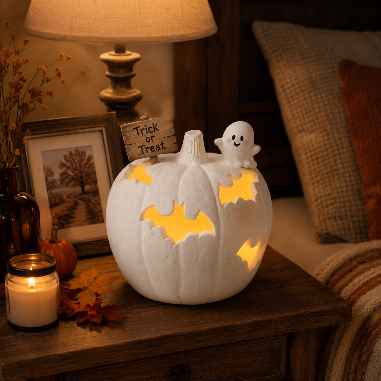 White Halloween Pumpkin Candle Holder