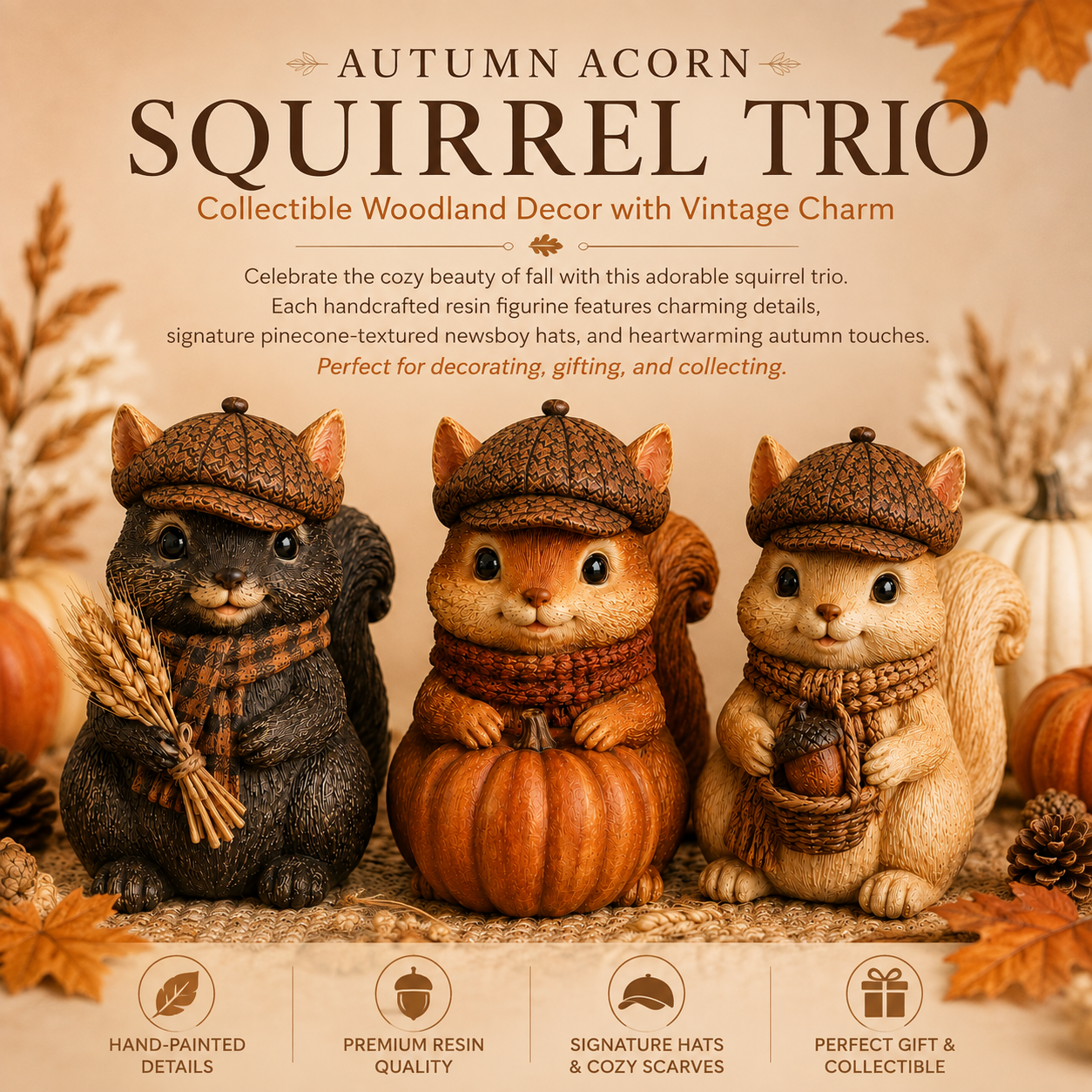 Vintage Fall Squirrel Figurine with Pinecone-Textured Newsboy Cap