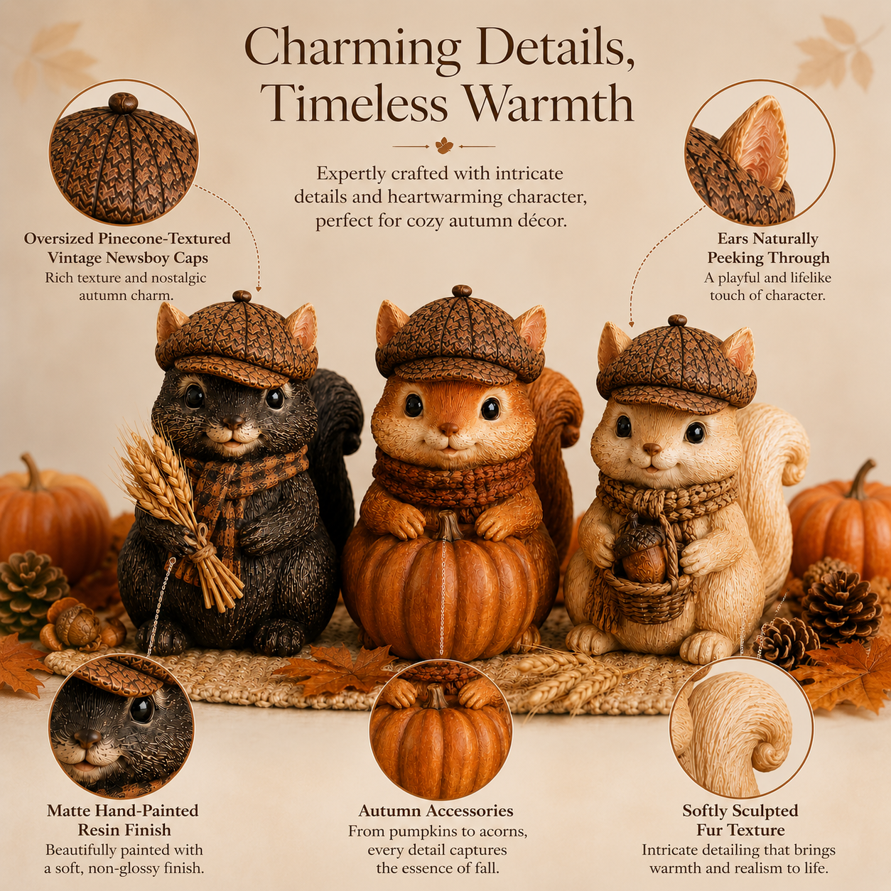 Vintage Fall Squirrel Figurine with Pinecone-Textured Newsboy Cap