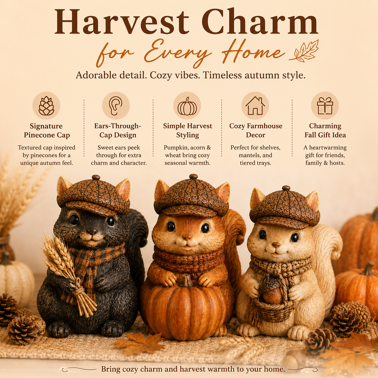 Vintage Fall Squirrel Figurine with Pinecone-Textured Newsboy Cap