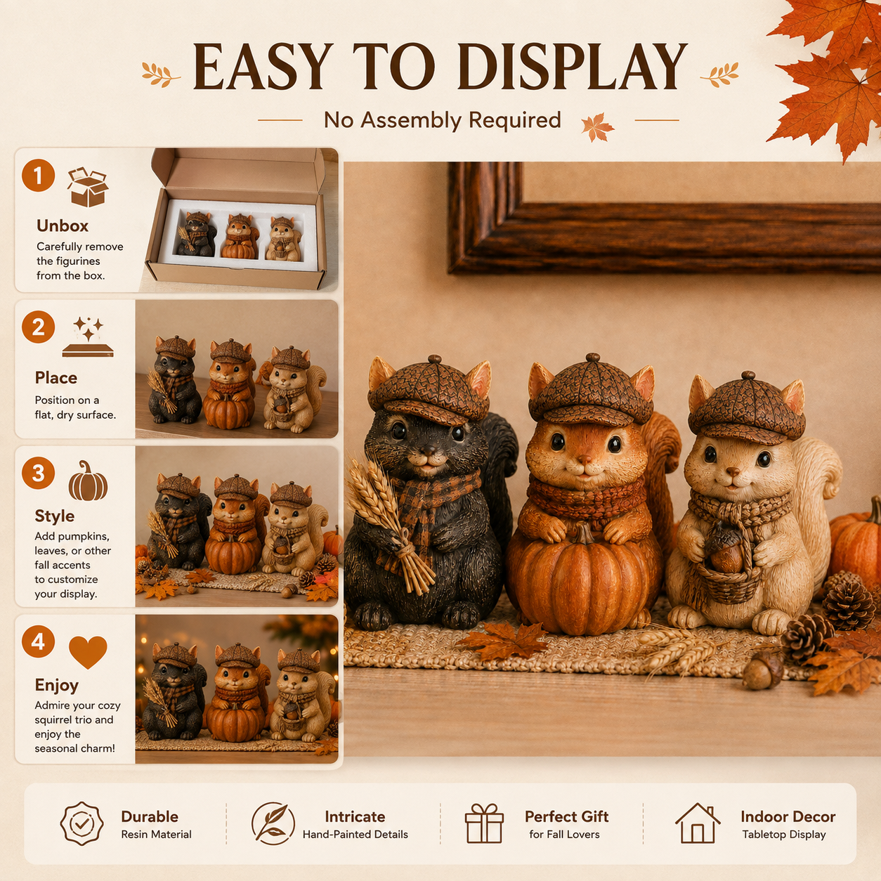 Vintage Fall Squirrel Figurine with Pinecone-Textured Newsboy Cap