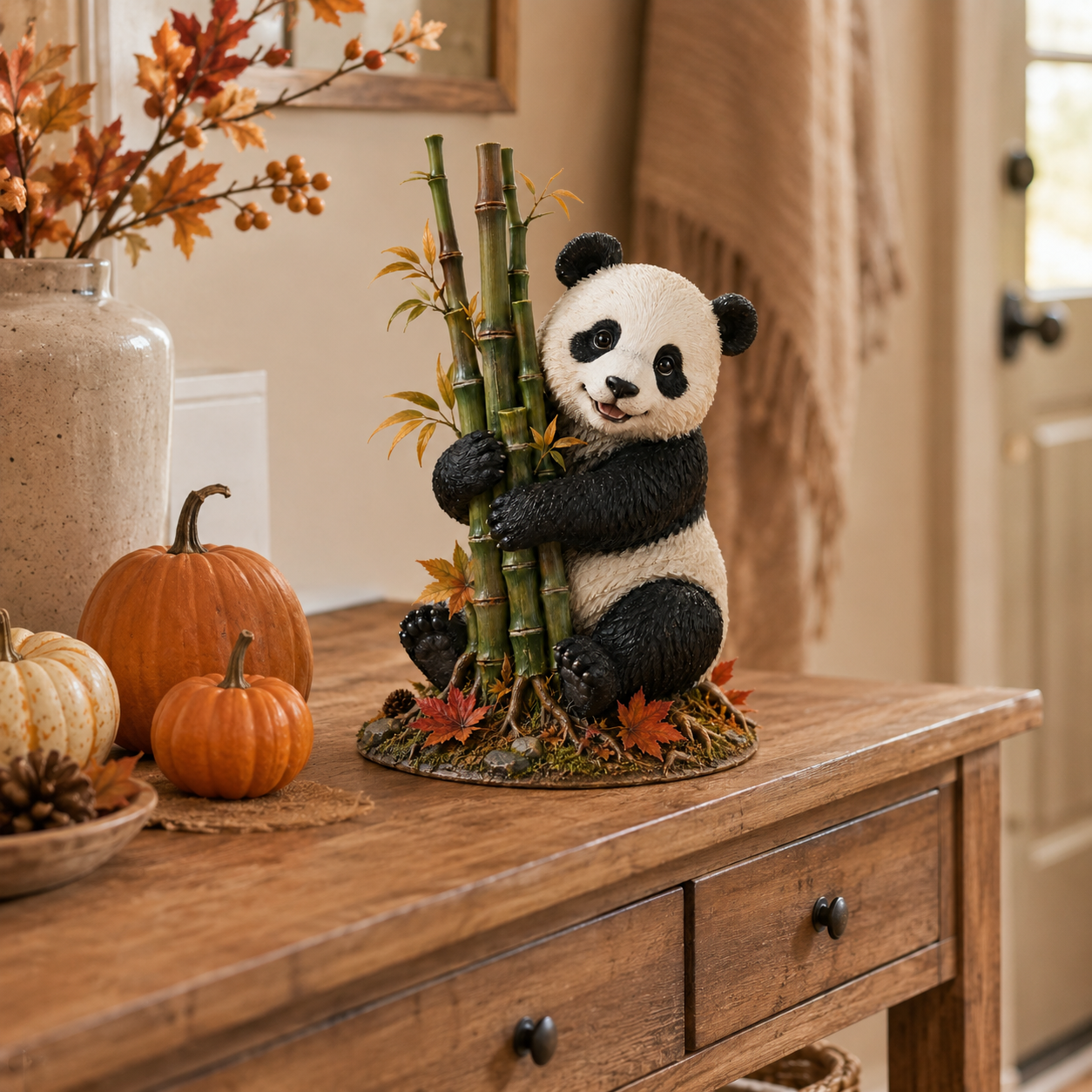 Fall Panda & Bamboo Resin Figurine