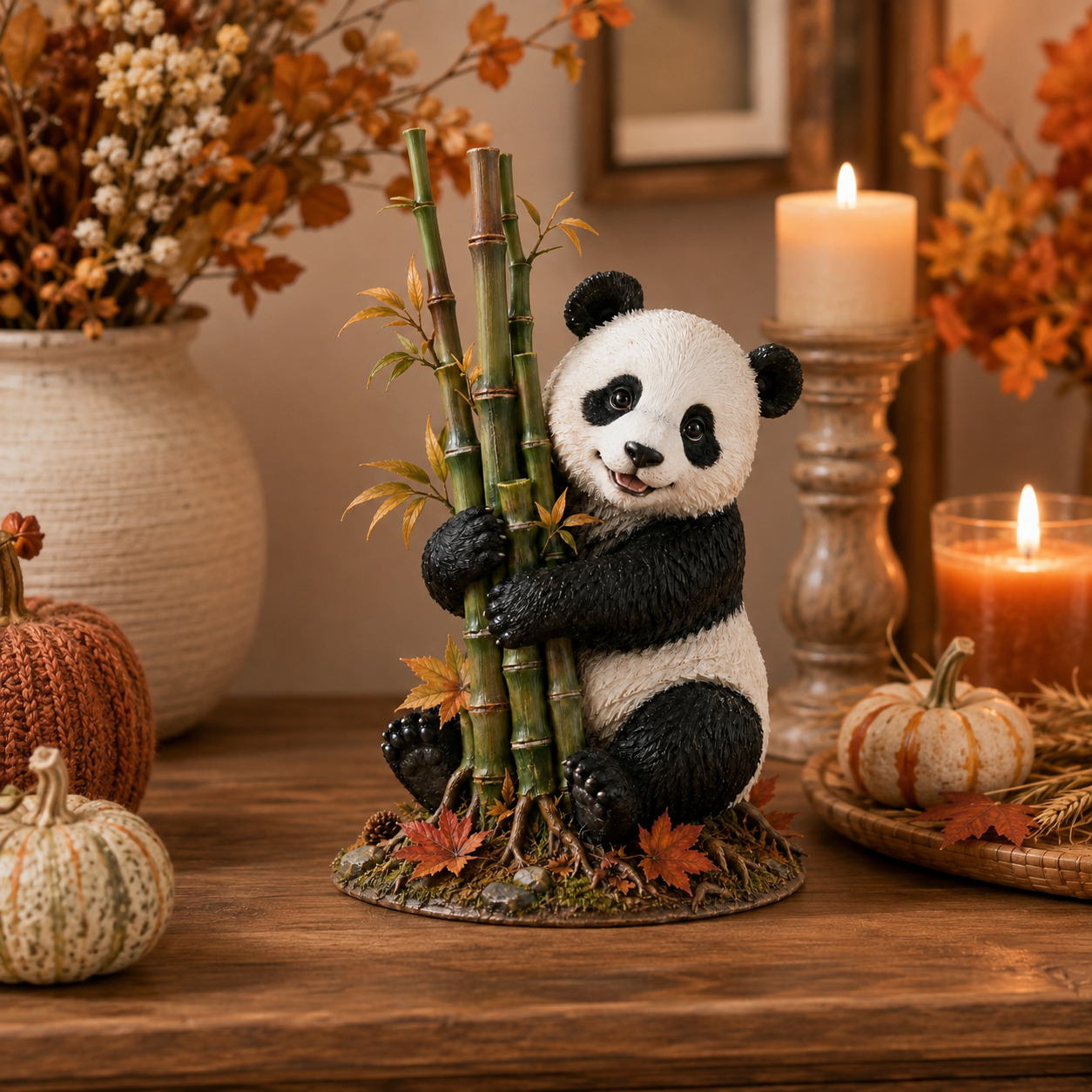Fall Panda & Bamboo Resin Figurine